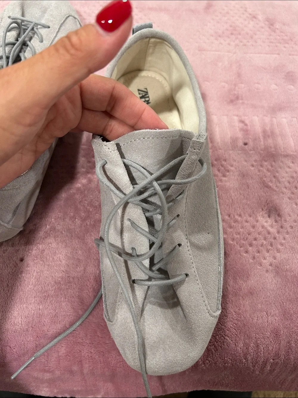 Zara Light Gray Suede Lace-Up Flats with Rounded Toe